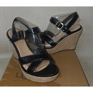 UGG Jackilyn Black Patent Leather Espadrille Wedge Heel Size 9.5 NEW #1004565
